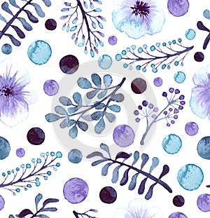 Watercolor Blue And Violet Leaves, Berries And Spots Seamless Pattern