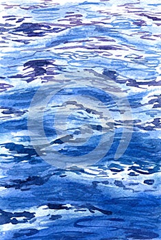 Watercolor blue water surface background.