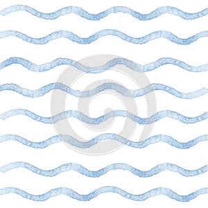 Watercolor blue waves seamless pattern background on white background