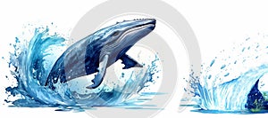 Watercolor blue whale illustration isolated on white background. World Whale Day Card