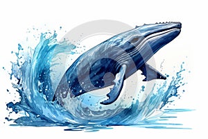 Watercolor blue whale illustration isolated on white background. World Whale Day Card