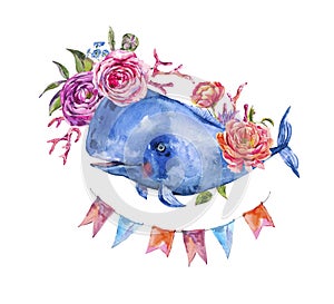 Watercolor blue whale with rose, anemones, summer flowers, red coral