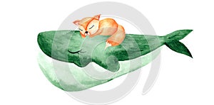 Watercolor blue whale with a sleeping fox. Children's print for decoration of clothes