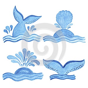 Watercolor blue whale tail object, cartoon style