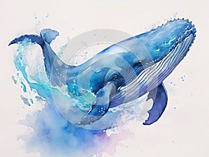 Watercolor blue whale on white background