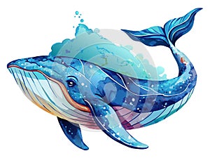 Watercolor blue whale on white background.
