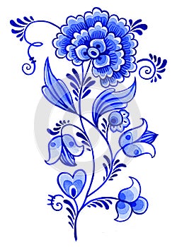 Watercolor blue and white floral composition, fantasy flowers.