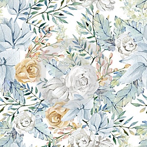 Watercolor blue and white floral seamless pattern with flower bouquet. Golden Rose, greenery branch, pampas grass