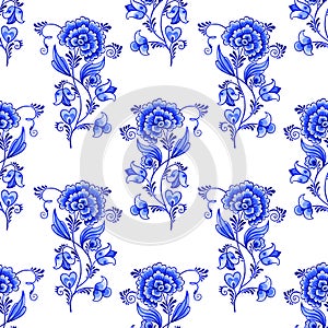 Watercolor blue and white seamless floral pattern. Chinoiserie style.