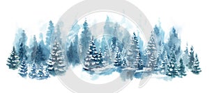 Watercolor Blue winter landscape of foggy forest hill. Wild nature, frozen, misty, taiga. Horizontal watercolor background.