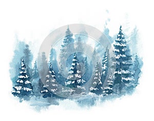 Watercolor Blue winter landscape of foggy forest hill. Wild nature, frozen, misty, taiga. Horizontal watercolor background.