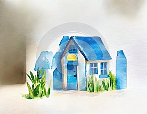 Watercolor of Blue wooden house building block