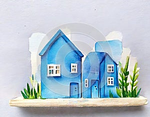 Watercolor of Blue wooden house building block