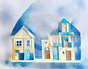 Watercolor of Blue wooden house building block