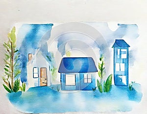 Watercolor of Blue wooden house building block