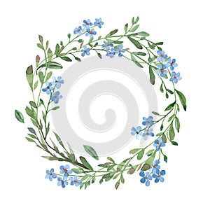 Watercolor blue wreath of forget-me-not  with green leaves on white background