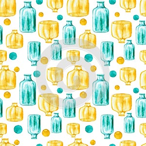 Watercolor Blue And Yellow Bottles And Spots Seamless Pattern