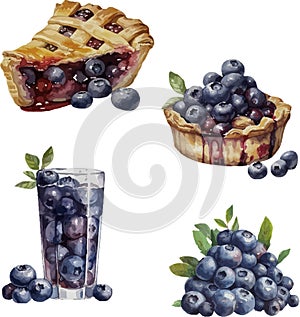 Watercolor blueberry set of different pastry treats and beverage with blueberries, isolated on white background.