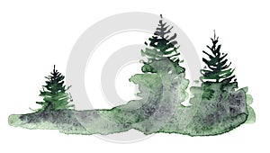 Watercolor blurred landscape with fir trees background coniferous forest template isolated on white background. Foggy forest