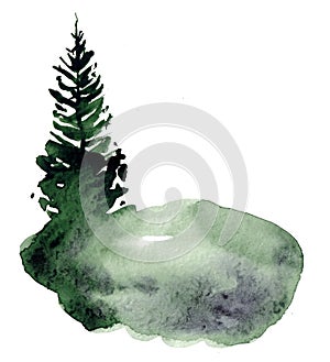 Watercolor blurred landscape with fir trees background coniferous forest template isolated on white background. Foggy forest