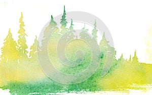 Watercolor blurred landscape with fir trees background coniferous forest template wrap isolated on white background