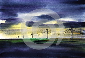 Watercolor blurry illustration with power lines along road going into distance through green fields. Evening view of sunset yellow