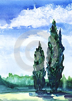 Watercolor blurry summer landscape. Tall cypress trees, green field, lush vegetation and bright blue sky with fluffy white clouds
