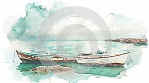 Watercolor Boats on Calm Water Near Shore