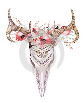 Watercolor bohemian boho deer skull. Western mammals.