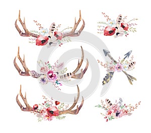 Watercolor bohemian deer horns. Western mammals. Watercolour hip photo