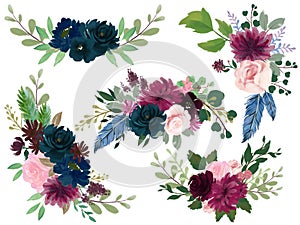 Watercolor Bohemian floral composition Pink wine Marsala and Navy blue Floral Bouquet