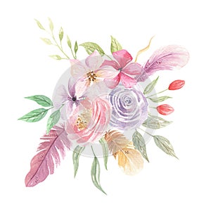 Watercolor Bohemian Flowers Pink Feathers Berries Leaves Bouquet