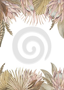 Watercolor bohemian frame with tropical leaves, proteas, dried palm leaves. Beige Element for wedding design, invitation