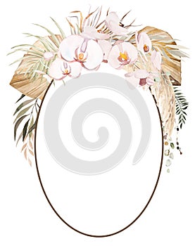 Watercolor Bohemian oval frame with dried leaves and tropical flowers illustration