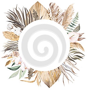 Watercolor Bohemian round frame with dried leaves and tropical flowers illustration