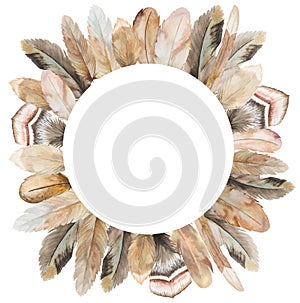 Watercolor Bohemian round frame made with feathers illustration