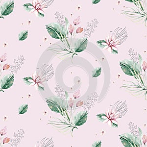 Watercolor boho floral pattern Bohemian natural leaves, feathers, flowers, Isolated on white background. Artistic decoration