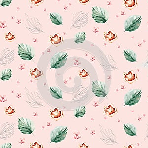 Watercolor boho floral pattern Bohemian natural leaves, feathers, flowers, Isolated on white background. Artistic decoration