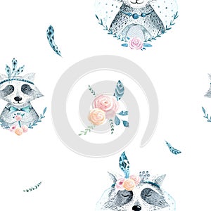 Watercolor boho floral pattern with raccoon. bohemian natural ba