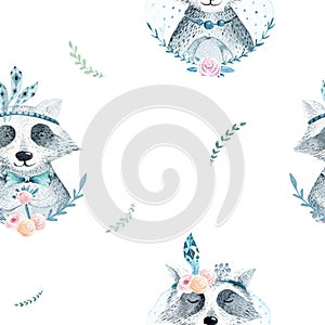 Watercolor boho floral pattern with raccoon. bohemian natural ba
