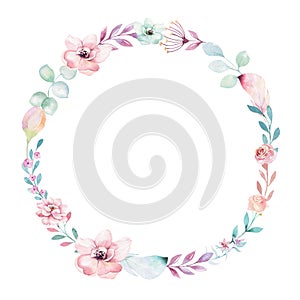 Watercolor boho floral wreath. Bohemian natural frame: leaves, feathers, flowers, Isolated on white background. Artistic