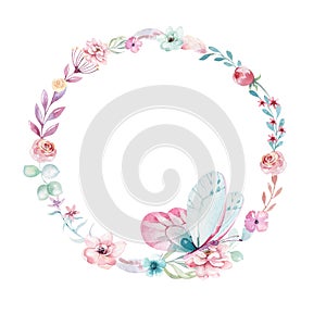 Watercolor boho floral wreath. Bohemian natural frame: leaves, feathers, flowers, Isolated on white background. Artistic