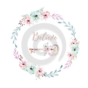 Watercolor boho floral wreath. Bohemian natural frame: leaves, feathers, flowers, Isolated on white background. Artistic