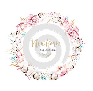 Watercolor boho floral wreath with cotton. Bohemian natural frame: leaves, feathers, flowers, Isolated on white