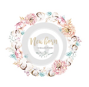 Watercolor boho floral wreath with cotton. Bohemian natural frame: leaves, feathers, flowers, Isolated on white