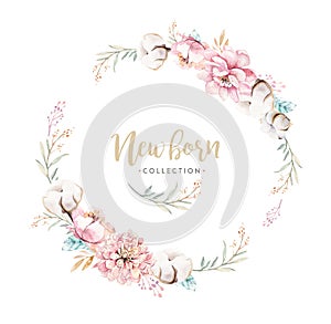 Watercolor boho floral wreath with cotton. Bohemian natural frame: leaves, feathers, flowers, Isolated on white