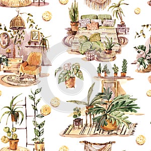 Watercolor boho home decor seamless pattern, indoor plants, urban jungle natural texture