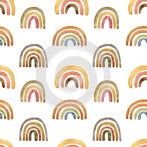 Watercolor boho pastel pink and terracotta rainbows seamless pattern on white background. Warm earth neutral color palette.