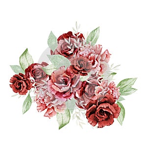 Watercolor boho red flowers bouquets. Hand drawn burgundy rose, peonies. Rich bloom, greenery branches, leaves, foliage
