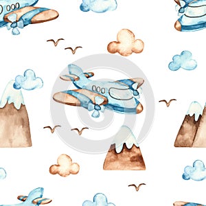 Watercolor boho seamless pattern for boys with airplane, mountains, clouds on white background